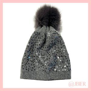 Adrienne Landau Sequin Beanie with Fox Fur Pom in Gray